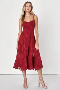 Loveliest Looks Burgundy Floral Jacquard Tie-Strap Midi Dress